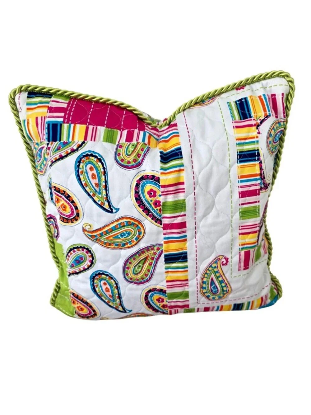 Handmade Quilted Pillow Cover 18x18 Boho Pink Paisley Green Rope Trim Zipper NEW